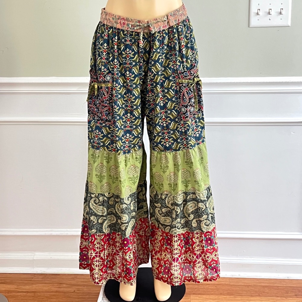 Hippie Forever Wide Leg Pants Womens L Mixed Floral Paisley Tiered‎ Boho Palazzo